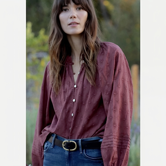 Cleobella Anthropologie "Antonia" Balloon Sleeve Rust Red Button Up Blouse LG - Picture 1 of 16
